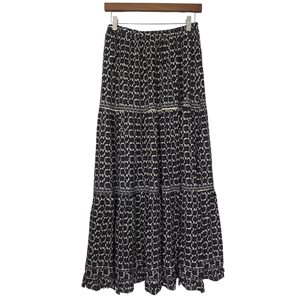 Max Studio London Midi Skirt Tiered Floral Boho Women M Black White NWOT